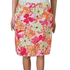 Talbots Vintage Tropical Floral Skirt 8 Orange Pink Front Slit, Zip & Pockets